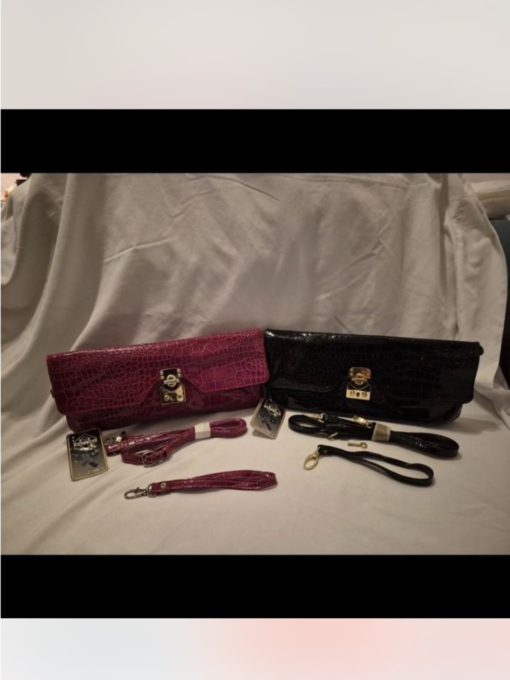 Croc-Embossed Convertible Clutch in Black and Plum